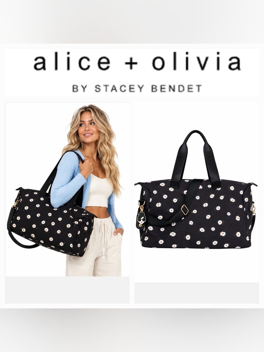 Alice + Olivia Daisy Duffel Bag Black/Yellow Floral Print Duel Strap Cottagecore